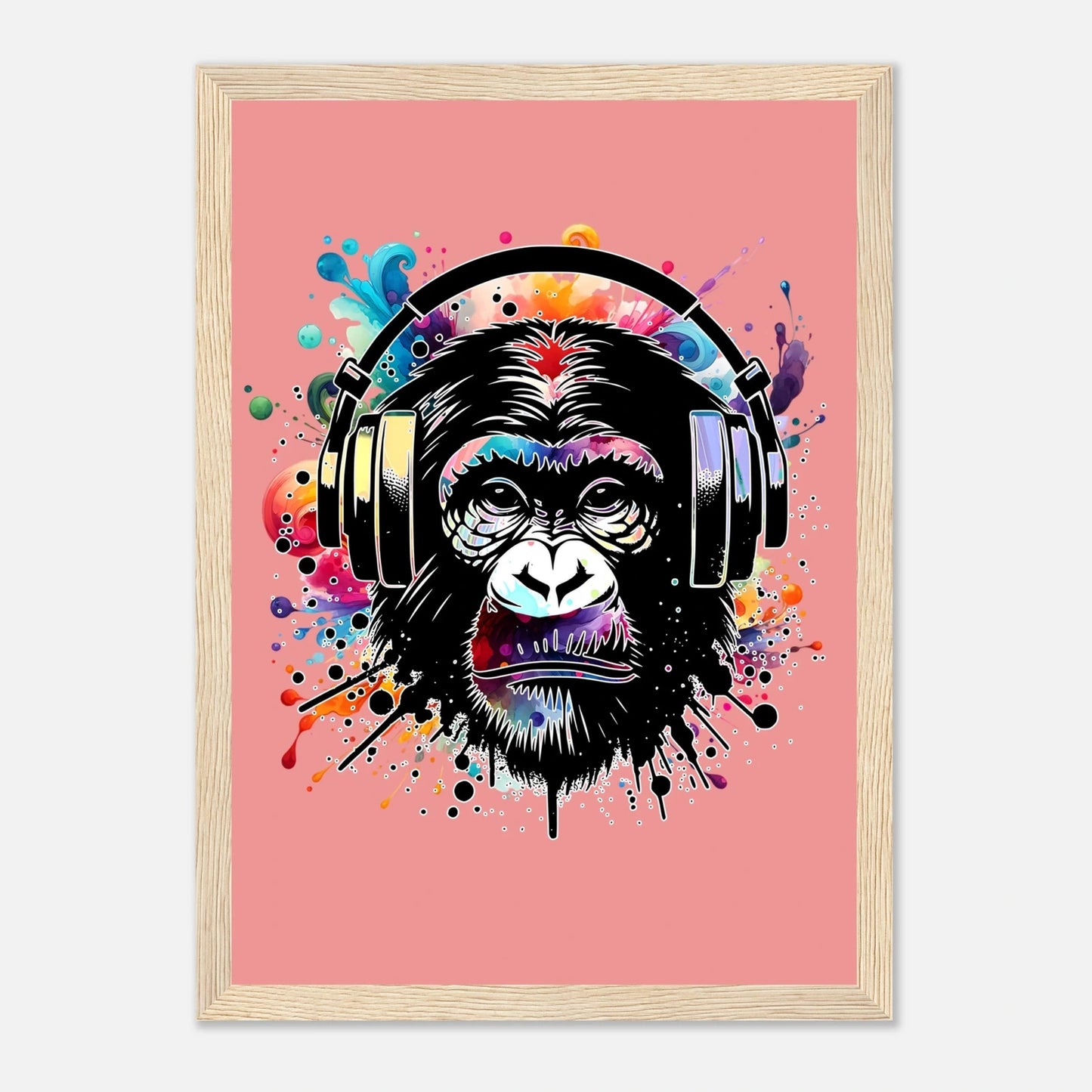 Fargerik gorilla med hodetelefoner | Premium plakat | Treramme - DanielfotoTreramme21x29.7 cm / 8x12"