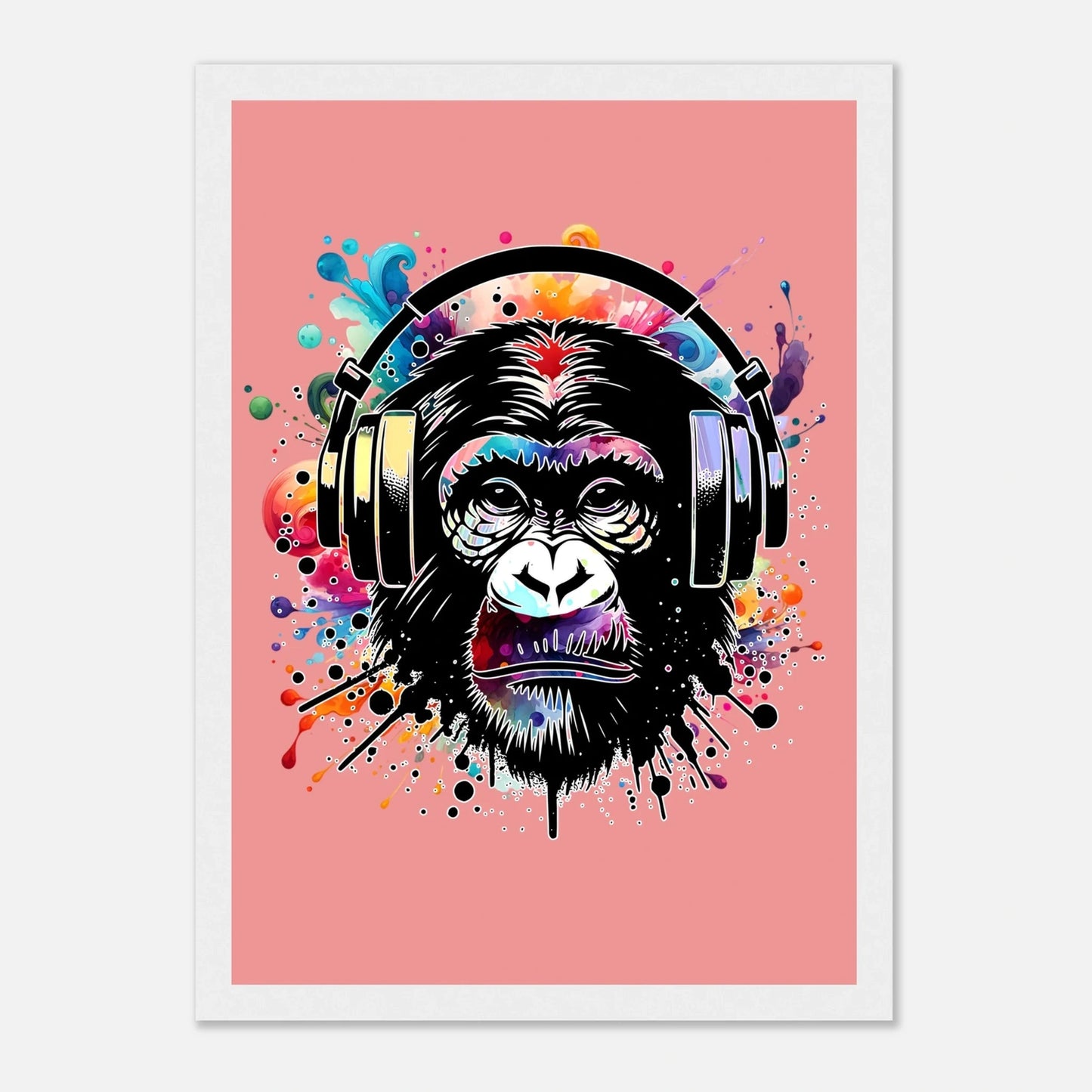 Fargerik gorilla med hodetelefoner | Premium plakat | Treramme - DanielfotoHvit ramme21x29.7 cm / 8x12"
