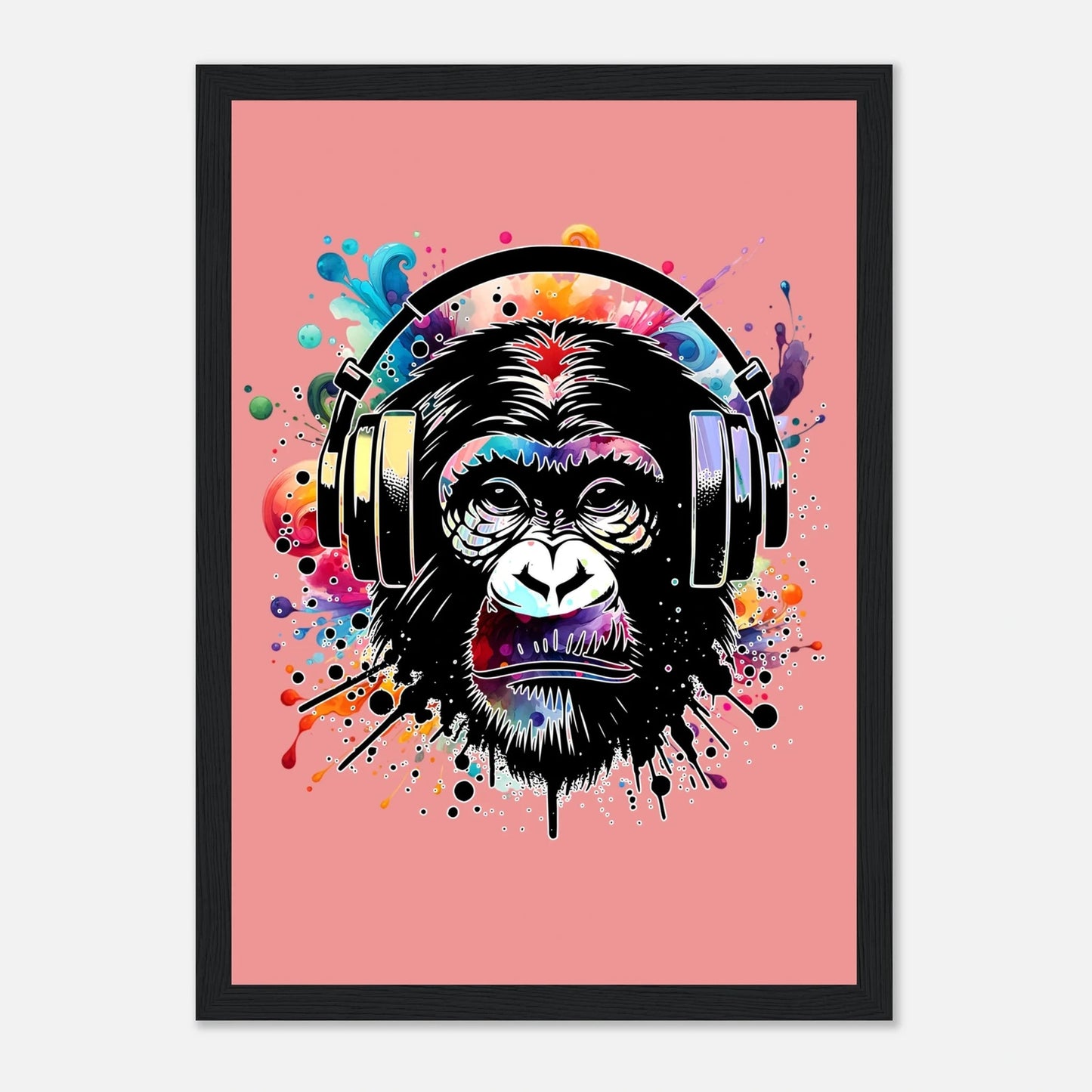 Fargerik gorilla med hodetelefoner | Premium plakat | Treramme - DanielfotoSvart ramme21x29.7 cm / 8x12"