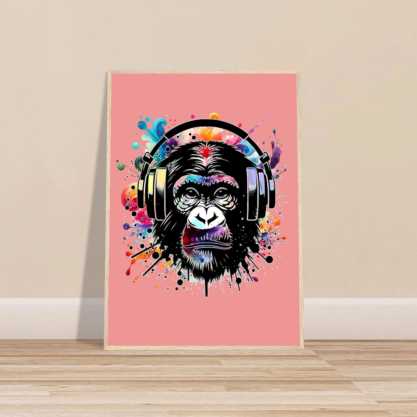 Fargerik gorilla med hodetelefoner | Premium plakat | Treramme - DanielfotoUten ramme21x29.7 cm / 8x12"