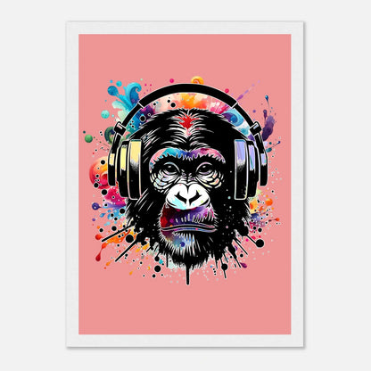 Fargerik gorilla med hodetelefoner | Premium plakat | Treramme - DanielfotoHvit ramme21x29.7 cm / 8x12"