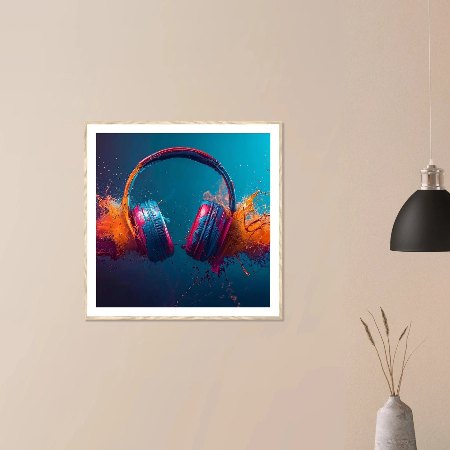 Fargeeksplosjon med headsets | Premium plakat | Treramme - Danielfoto70x70 cm / 28x28″Premium plakat i matt papir - 